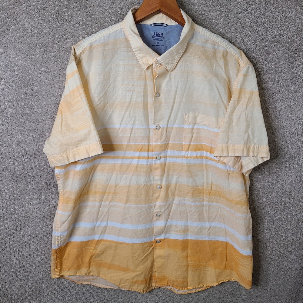Izod Shirt Mens XXL Yellow Striped Button‎ Down Cotton Short Sleeve Casual Beach